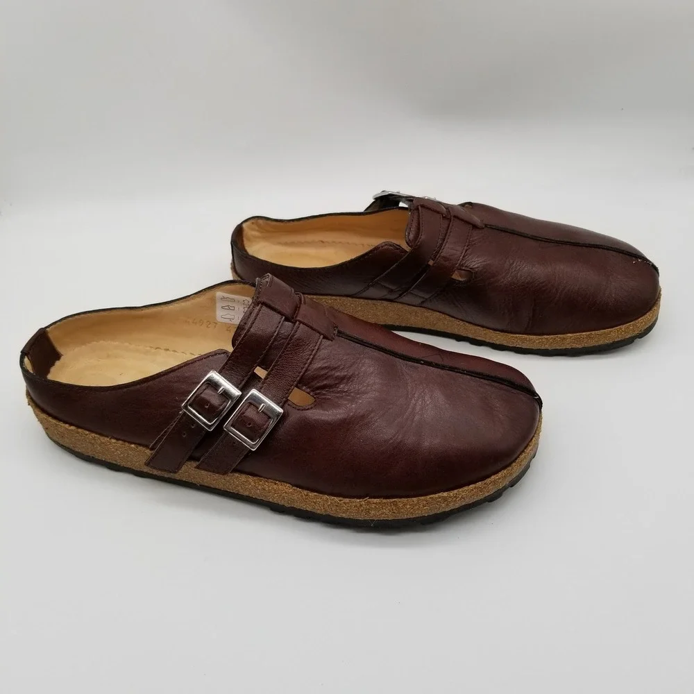 Haflinger Leather Clogs Men 42 Brown Double Buckle Cork Mules 44927